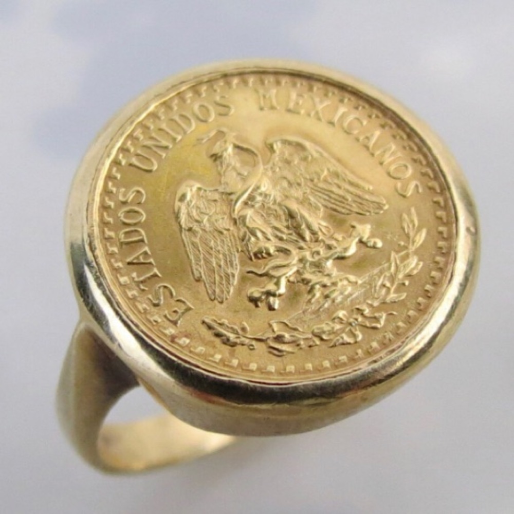 AMAZING VINTAGE ESTATE AUTHENTIC 22K DOS PESOS COIN RING IN 14K BEZEL- SIZE 4.5 - Picture 12 of 15